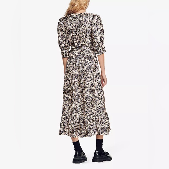 🆕 SANDRO Enrika Paisly -Print Silk Midi Multicolore Floral Wrap Belted Dress💃 - Picture 6 of 12